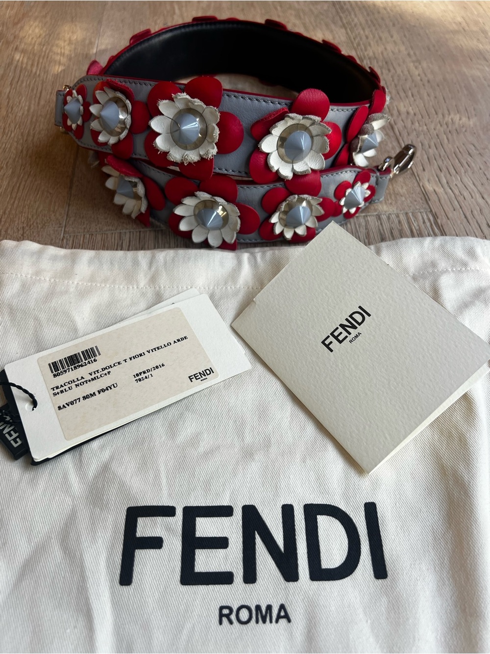 Fendi Leather Floral Studded Strap in Red and Gray with Silver Accents